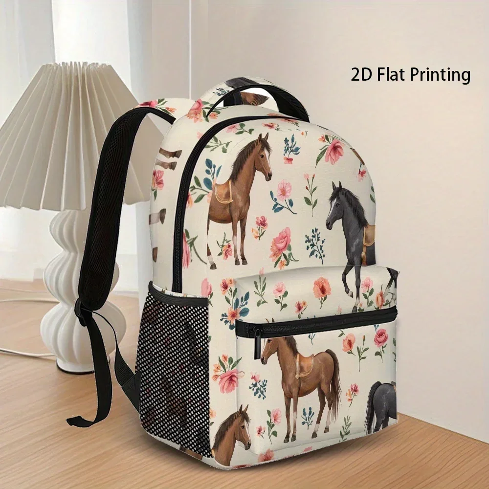 Custom Bag 1pc Vibrant Floral & Horse Print Backpack - Lightweight, Durable, Adjustable Strap, Zip Closure, Polyester Lining, Id