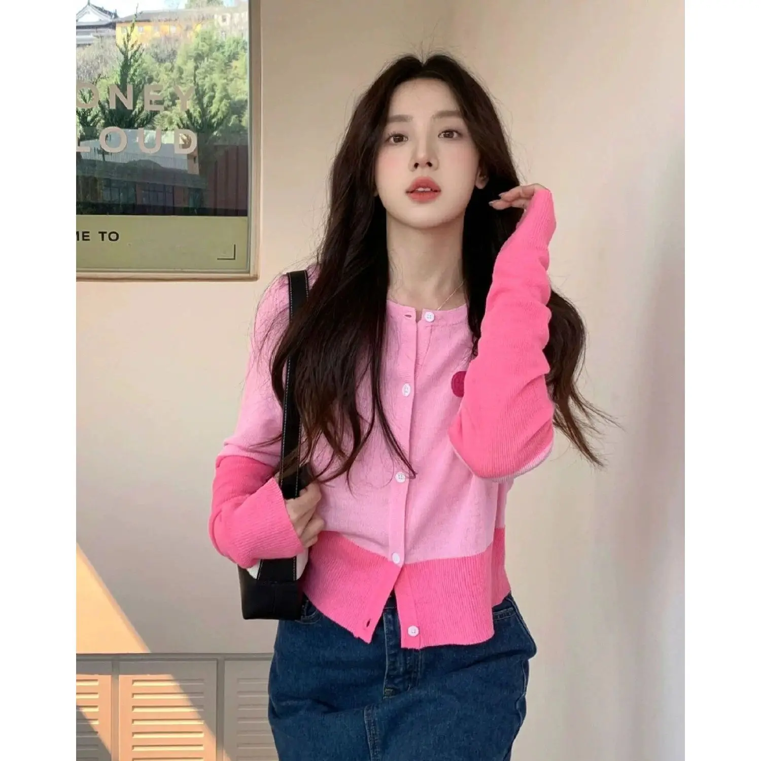 

Nice Women Clothes Sweet Buttons O-neck Long Sleeve Knitting Cardigan Female All-match Patchwork Sweater Coat Women Clothes Top