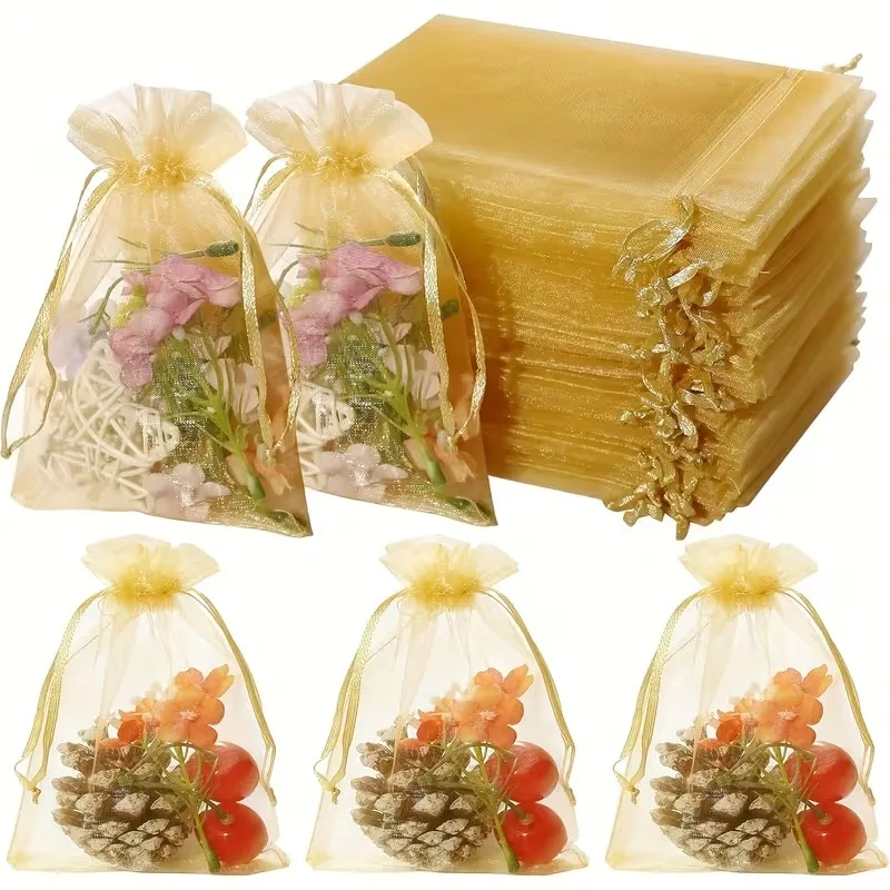 

500 шт./лот, золотистая прозрачная подарочная сумка из органзы на шнурке, сумка для конфет и украшений для свадьбы, Рождества, вечеринок
