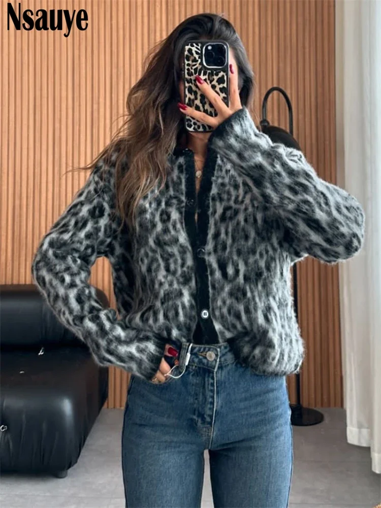 Nsauye Casual Y2K Women\'s Cardigans Sweater Sexy Club Fashion Knitted Long  Sleeve Leopard Sweater Tops Knitwear 2024 Winter