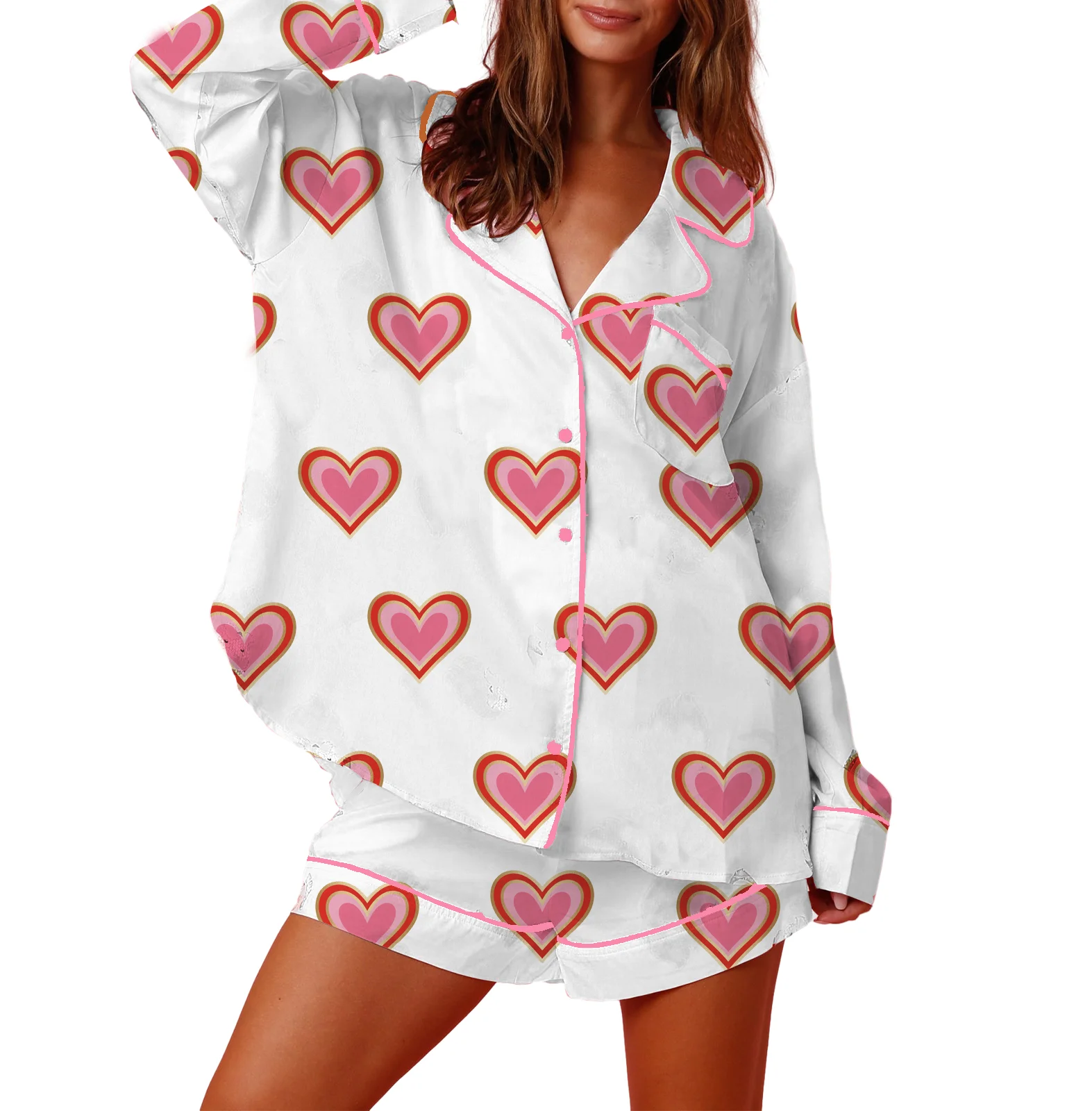

Women Bow Heart Print Pajamas Set Silk Satin Shirt Shorts 2 Piece Pjs Set Valentines Loungewear
