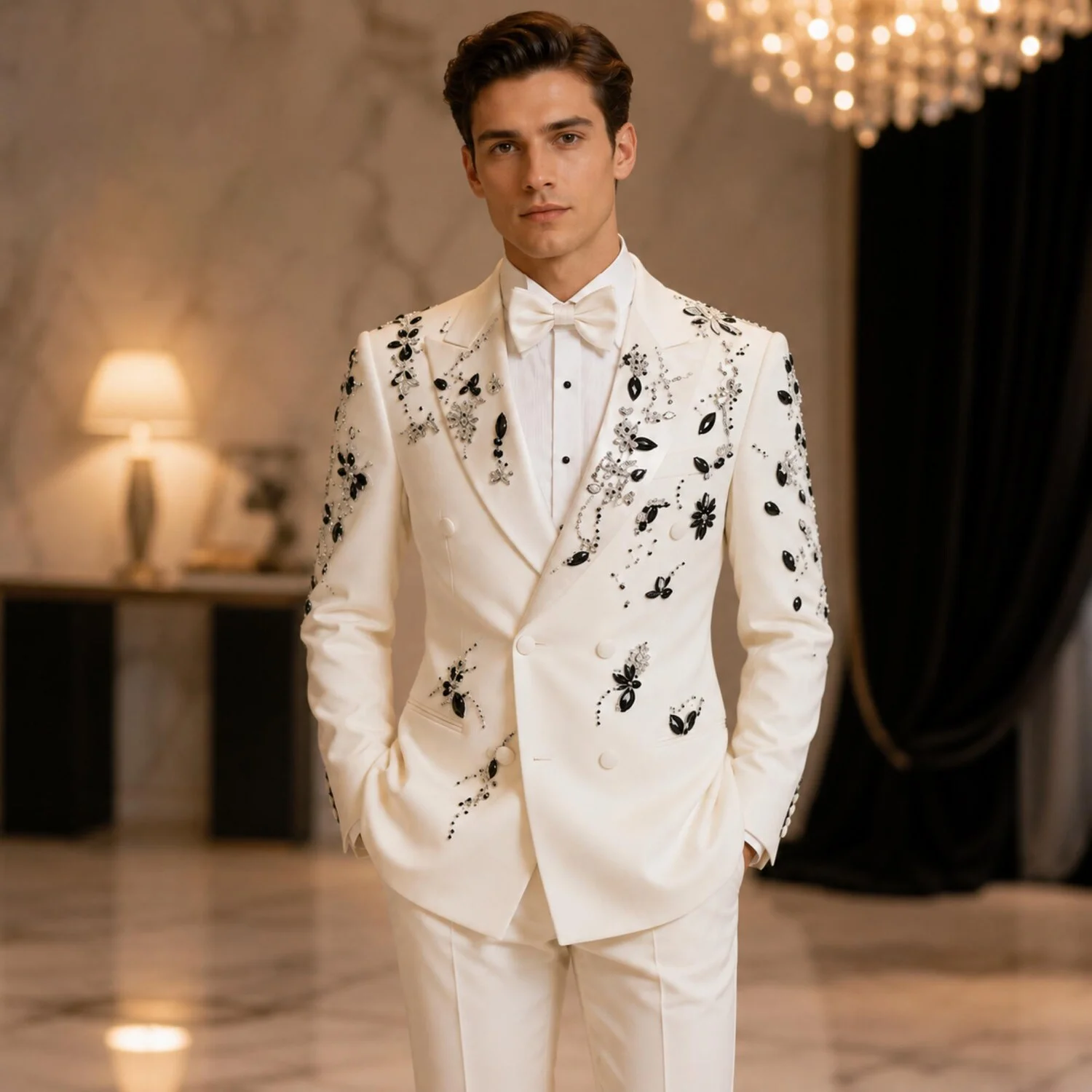 Men's Luxury Slim Fit Suits 2 Pieces Beaded Crystals One Button Wedding Groom Business Dinner Party High Quality Fashionable