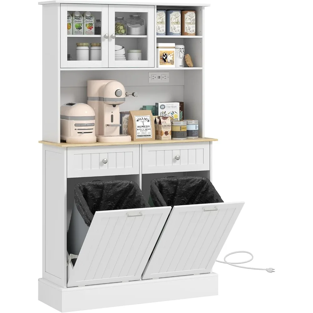 Kitchen Pantry Storage Cabinet with Charging Station, 2 Tilt Out 10 Gallon Trash Can Cabinets and Drawers,