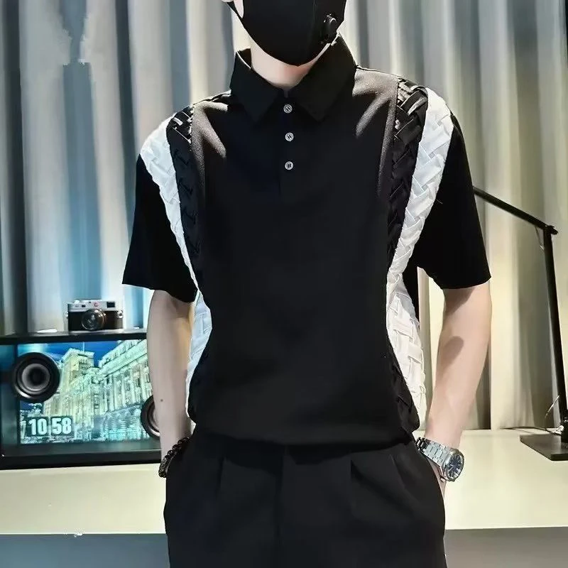 Hit Color Spliced Men Short Sleeve Polo Sweatshirt Summer Korean Fashion Business Casual Loose Tops Black White Office Interview
