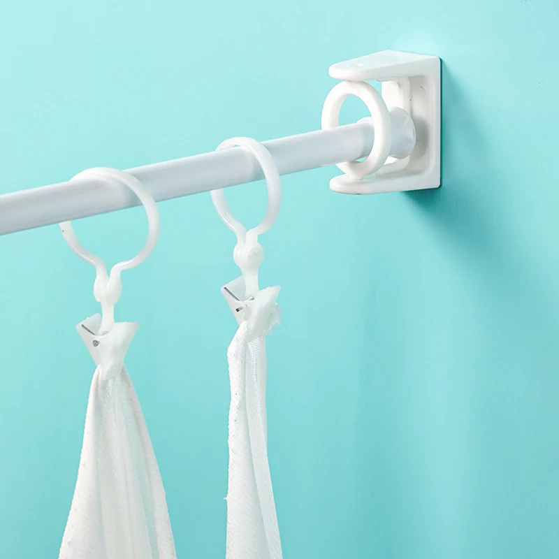 2 Pcs Punch-free Adjustable Curtain Rod Holder Clamp Hooks Self Adhesive Clothes Rail Bracket 360 Rotation Triangle Ring Hooks