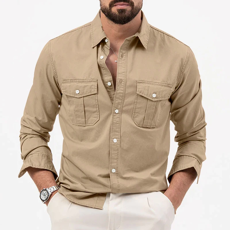 Camisa de estilo americano para hombre, ropa Cargo con múltiples bolsillos, manga larga, solapa, primavera y verano, novedad de 2024