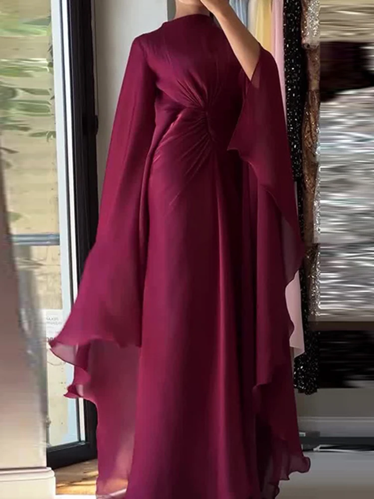 

Fashion Solid Color Lace Up Vacation Dress New O-neck Loose Pleat Chiffon Robes Lady Solid Color Flare Long Sleeve Banquet Dress