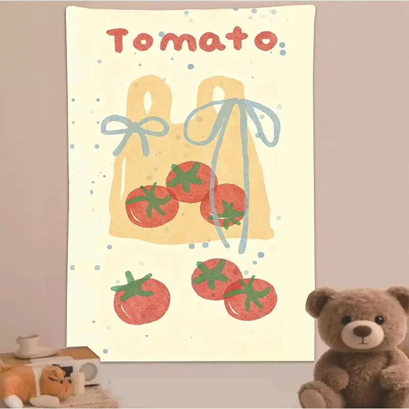 VIKAMA Trendy and Cute Tomato-Print Tapestry, Watercolor Fruit and Vegetable Art Print, Macaron-Style Wall Decor