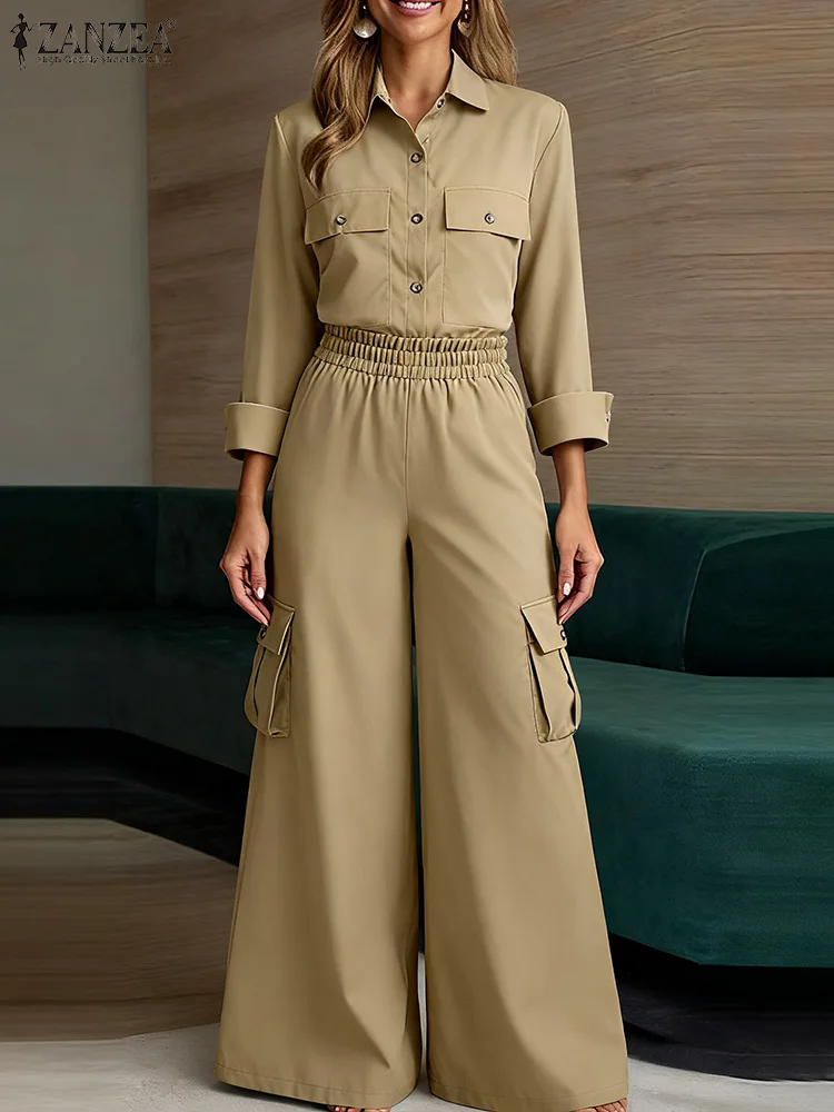 ZANZEA Fashion Autumn Pants Sets 2025 Women Matching Sets Lapel Long Sleeve Shirt Wide Leg Trousers Suit Cargo Tracksuit Street