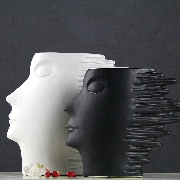 Modern Abstract Ceramics Human Figure Sculpture Flower Vase Decorative Porcelain Face Plant Pot Novelty Art and Craft Ornament