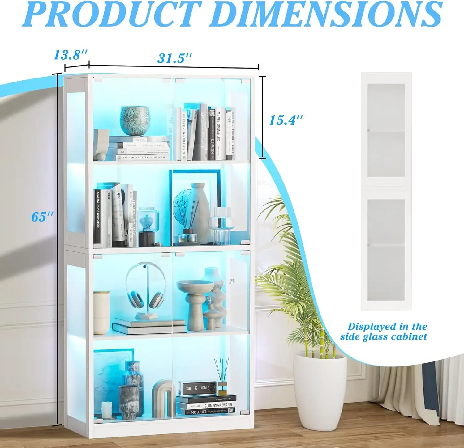 Vitrina de 65" con puertas de vidrio, vitrina de curiosidades de 4 niveles con luces de 12 colores, vitrinas de vidrio para coleccionables