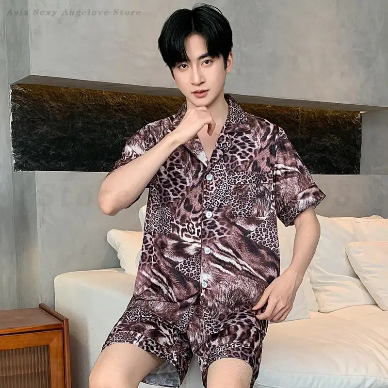 Large Size 3XL Pajamas Set Men's Satin Nightwear Shirt&Shorts Sleepwear Ice Silk Leopard Print Home Clothes Loose Loungewear