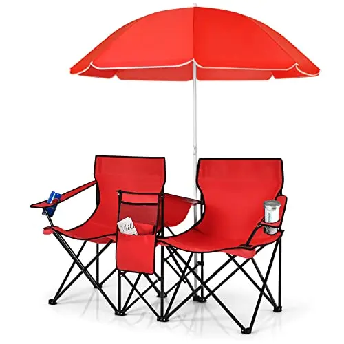 Leisure Travel Lawn Garden Portable Folding Camping Removable Umbrella Cup Holder Outdoor Beach Terrace Double Chair