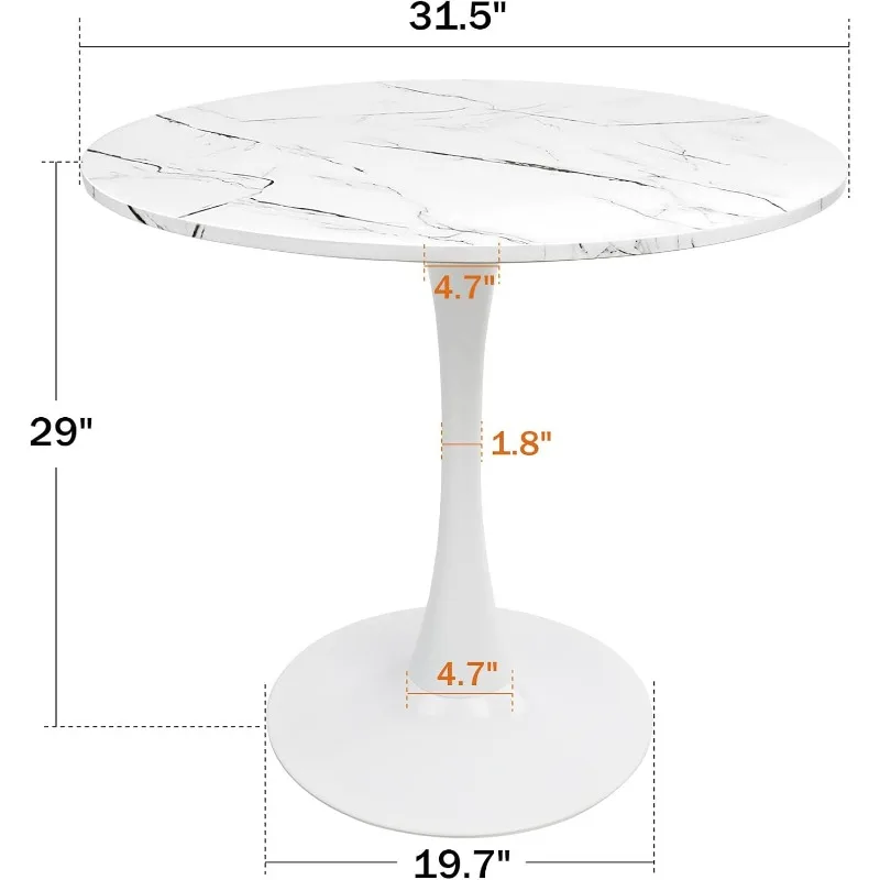 Table à manger ronde en faux marbre blanc avec socle sur piédestal, table de cuisine moderne, tulipe de loisirs du milieu du siècle, 31.5 po