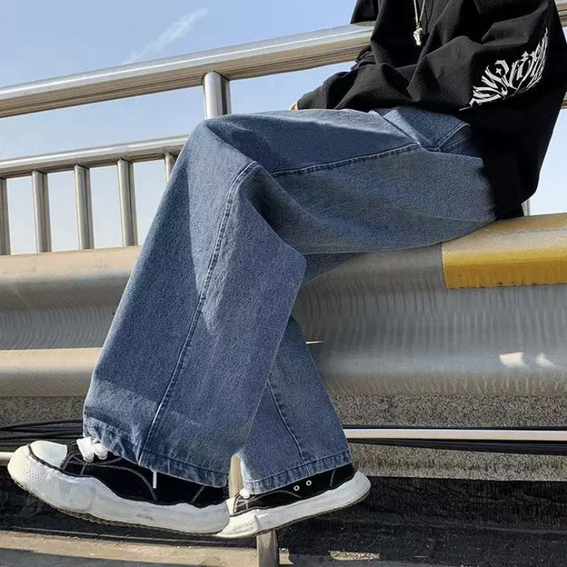 2023 New Korean Fashion Men's Casual Ankle-Length Jeans Classic Man Straight Denim Wide-leg Pants Light Blue Grey Black 3XL