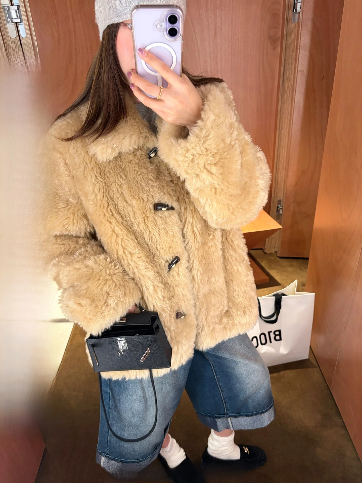 

Ranwear Soft Lamb Fur Collar Eco-Friendly Faux Fur Coat Women's Casual Loose Fit Long Sve Mid-Length Coat with oulder Bu...
