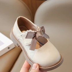 Scarpe in pelle per bambini di 2-16 anni scarpe da bambino morbide con fiocco Beige modelli quattro stagioni scarpe singole per bambini di moda nera