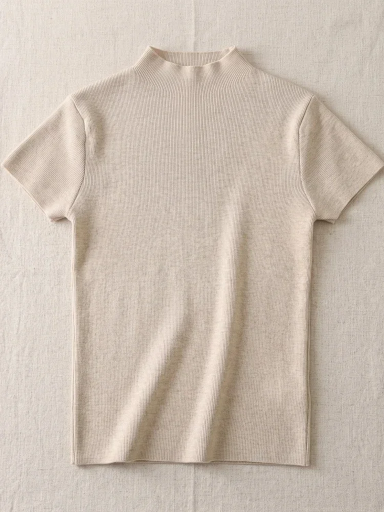 2026 Herbst Neu Slim Fit Einfarbig Vielseitige Oberteile Damen Kurzarm T-Shirt Weibliches O-Neck Strick-Shirt Streetwear – Detail 6