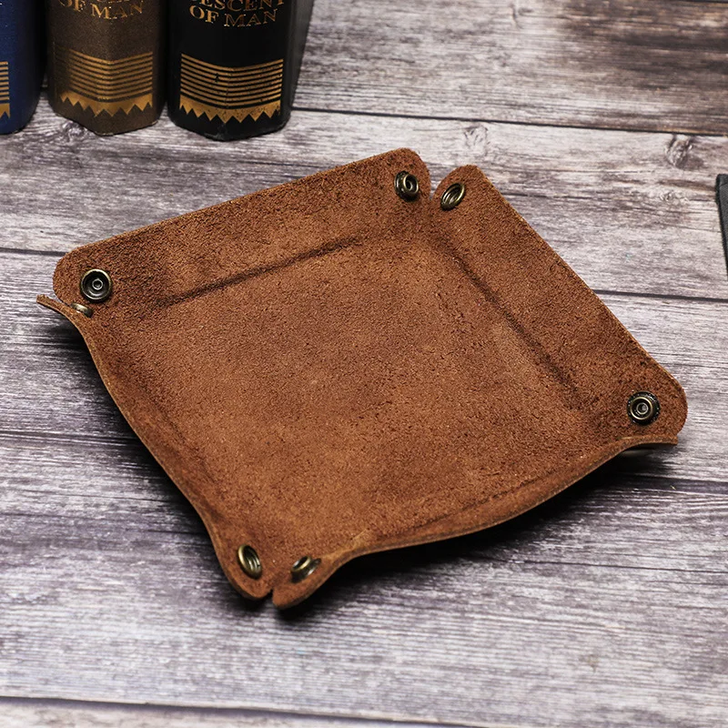 Genuine Leather Foldable Storage Trays Cowhide Square Tray Key Wallet Coin Organizer Home Office Desktop Storage Sundries Box