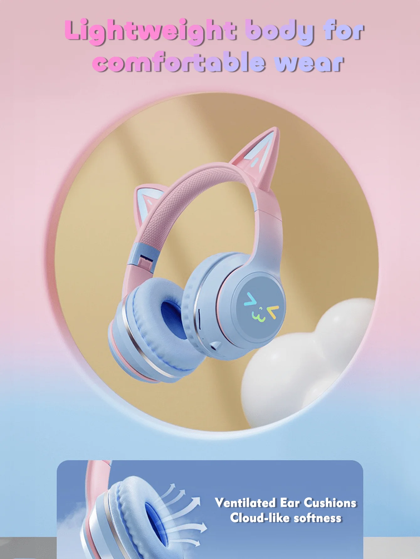 GENAI Wireless Headphones With LED Cat Ear Design, Cute Headset For Girls And Teenagers, Suitable For Music, Gaming, Video And Daily Use view 5