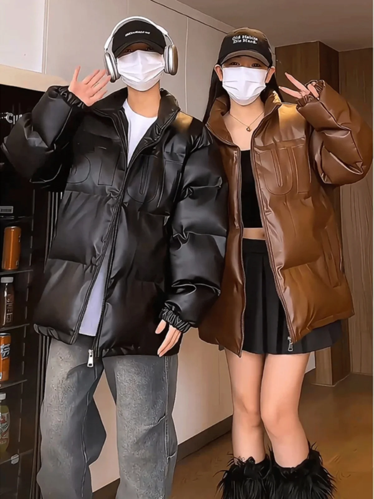 

Cleanfit Men's Winter Thickened Warm Cotton Jacket PU Leather Letter Print Short Bread Style Coat Youth Fashion Standard Fit