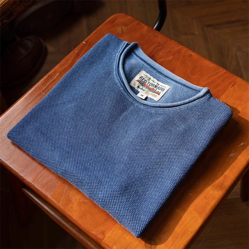Red Tornado Indigo Sashiko Tee Shirt Vintage Fashion Men\'s Short Sleeve Knitwear