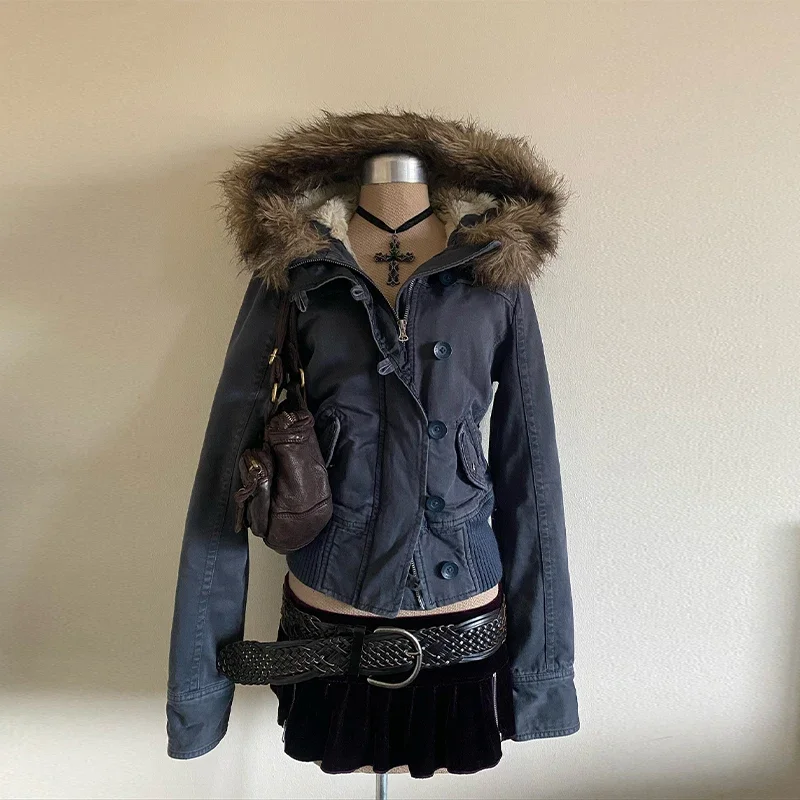 Herbst Winter Vintage Braun Kurze Kapuze Jacke frauen Volle Hülse Schlank Abnehmbare Pelz Kragen Warme 2025, NEUE Weibliche Y2k outwears – Detail 4