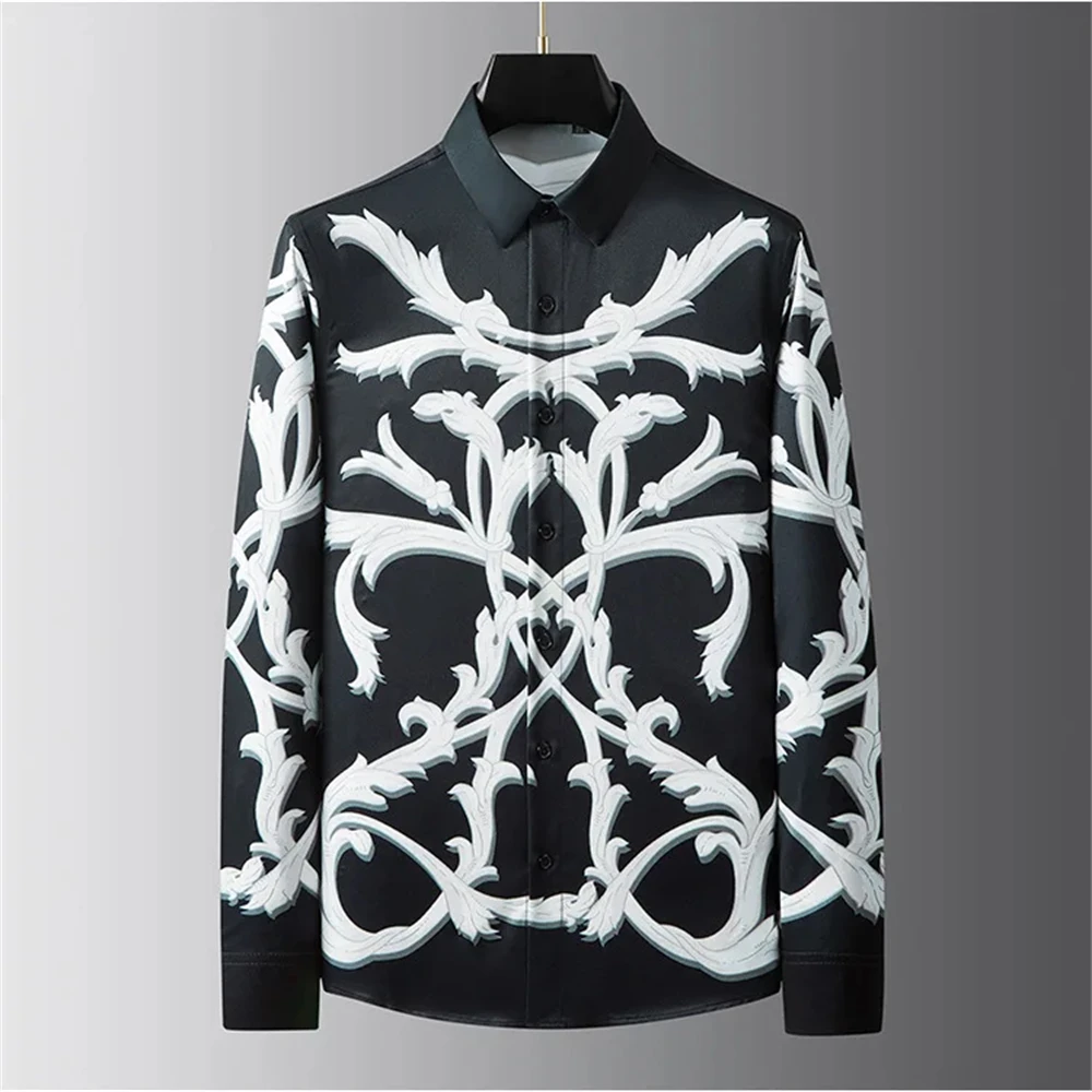 قميص مطبوع فاخر للرجال بأكمام طويلة قميص كاجوال نحيف عالي الجودة موضة الشارع مقاس كبير جدًا ملابس رجالية بدون حديد