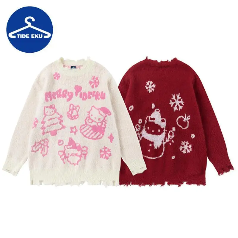 

Свитер-пуловер Hello Kitty из флиса, повседневная одежда, рождественский зимний, с мультяшным дизайном, рваный, оверсайз, с круглым вырезом, в стиле «ленивый шик»