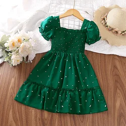 Vestito per bambini ragazze vestito da principessa carino verde scuro 2-6 anni abito a maniche corte colletto quadrato abito a strati con maniche a sbuffo