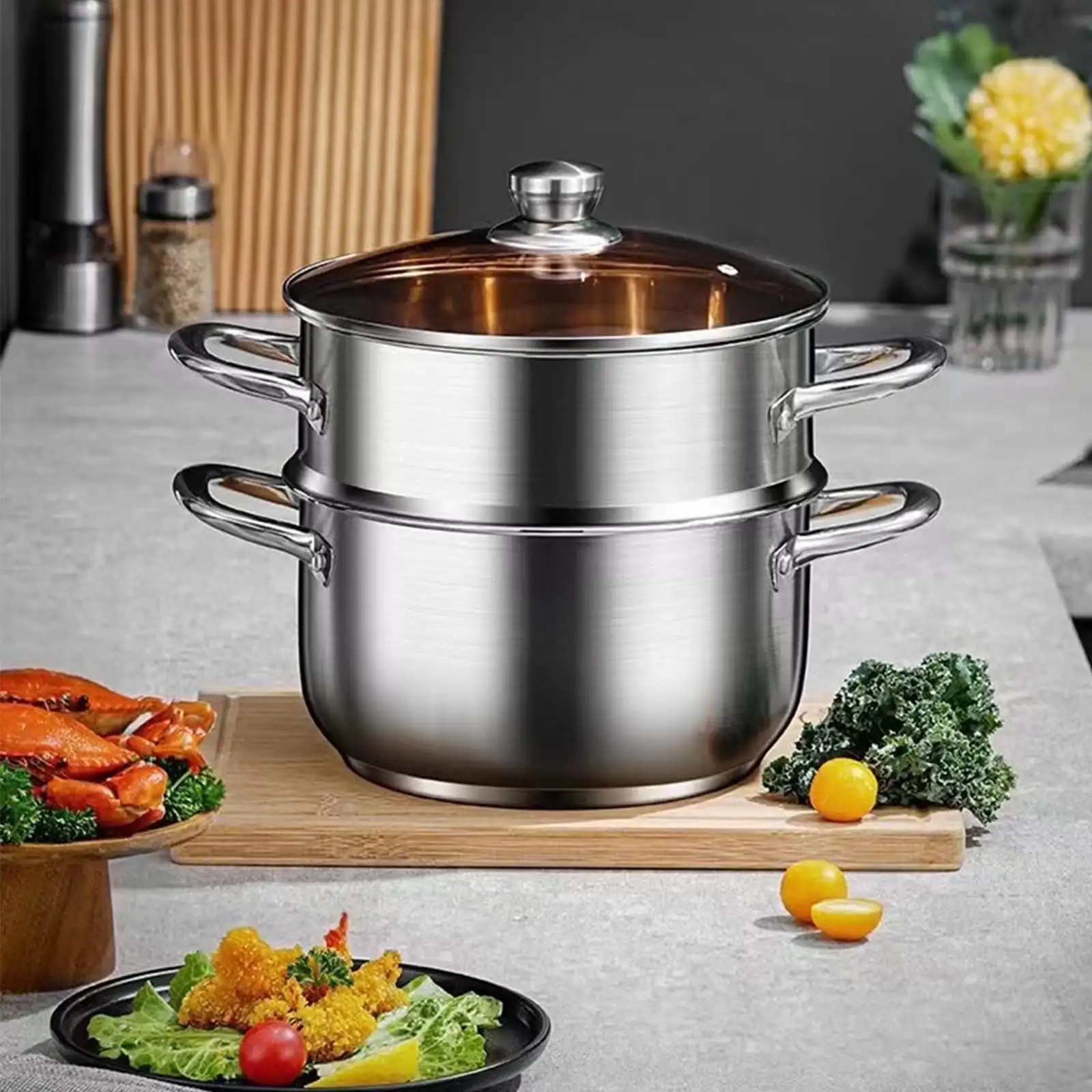 

Кастрюля и овощеварка 5QT, многофункциональная 9,5-дюймовая 2-уровневая кастрюля для пароварки из нержавеющей стали с крышкой для приготовления овощей