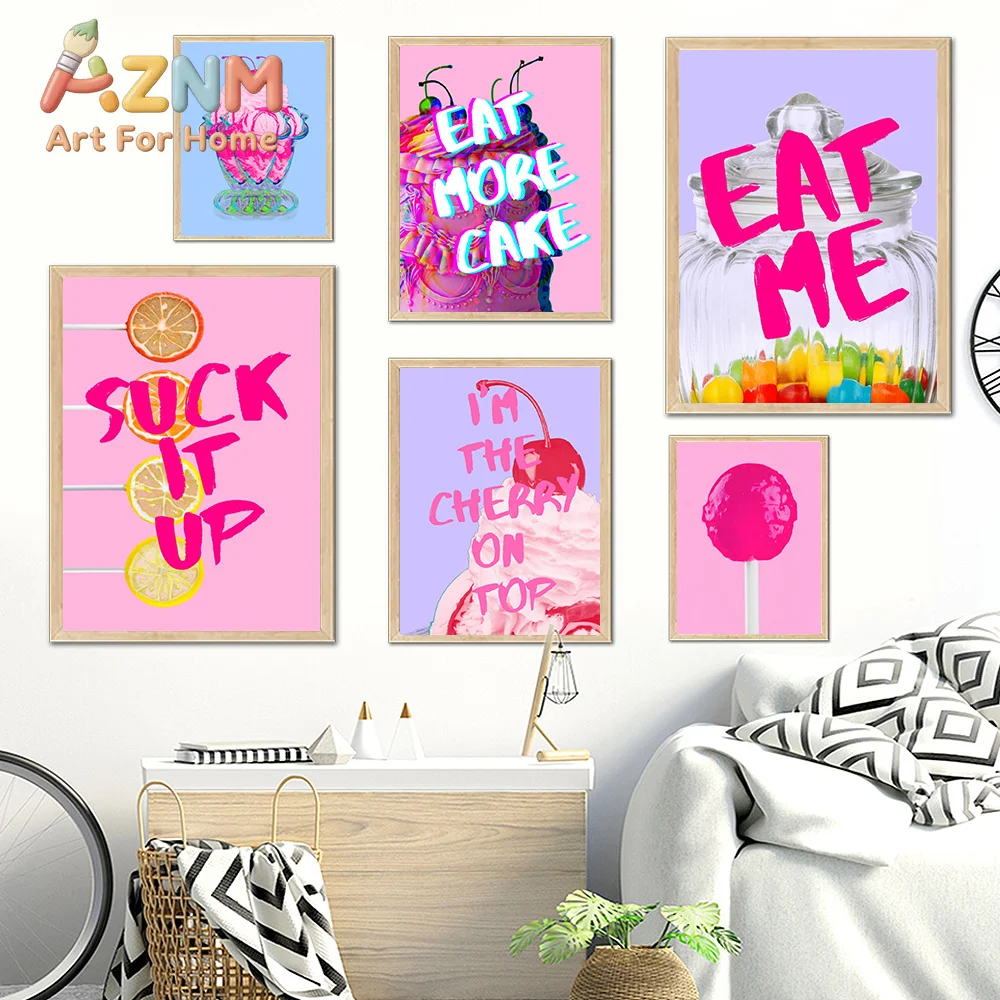 Cartoon Ice Cream Pastel Cake Candy Home Poster Print Colorful Fun Quirky Art Canvas Painting Pink Quote Kid Living Room Decor