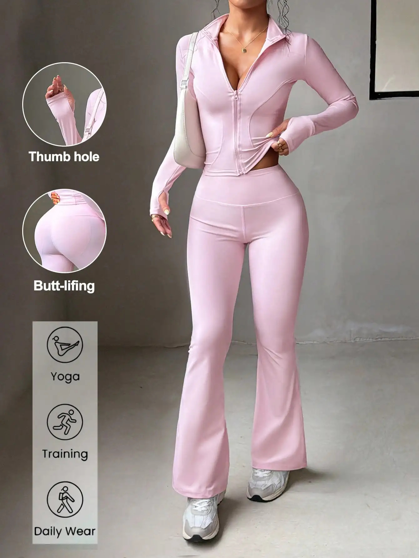 

Розовый женский комплект для тренировок из 2 предметов: топ с отверстиями для большого пальца и леггинсы с эффектом подтяжки ягодиц для йоги, тренировок и повседневной носки