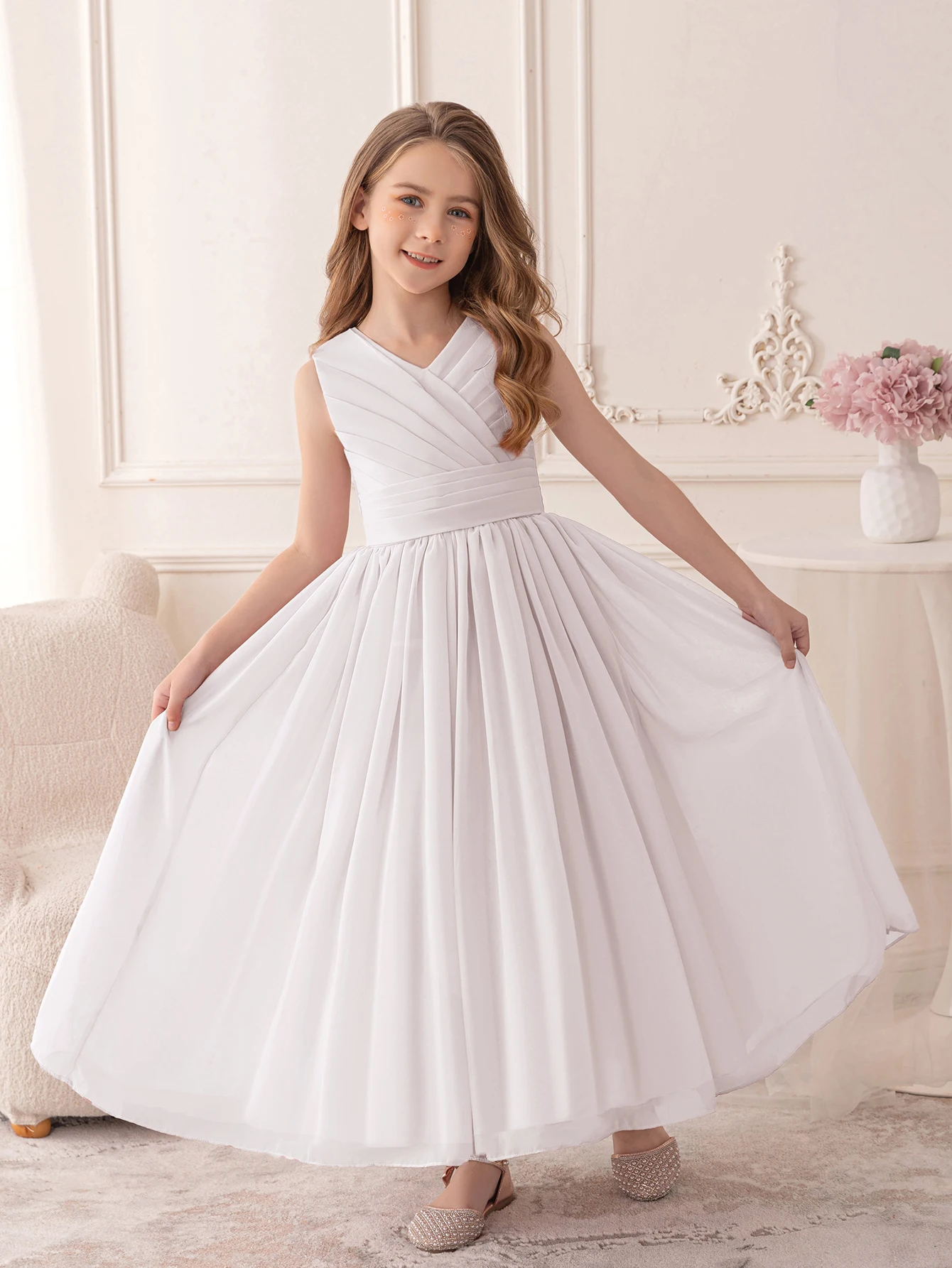 

Elegant Girl Party Dress Long White Chiffon Dress Wedding Birthday Party Evening Gown Bridesmaid Dresses