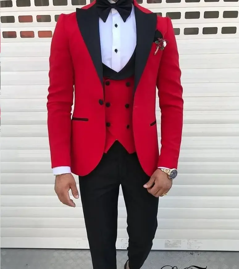 

Latest Coat Pant Designs Red Casual Men Suit With Pant Slim Fit 3 Piece Tuxedo Custom Simple Suit Terno Masculino