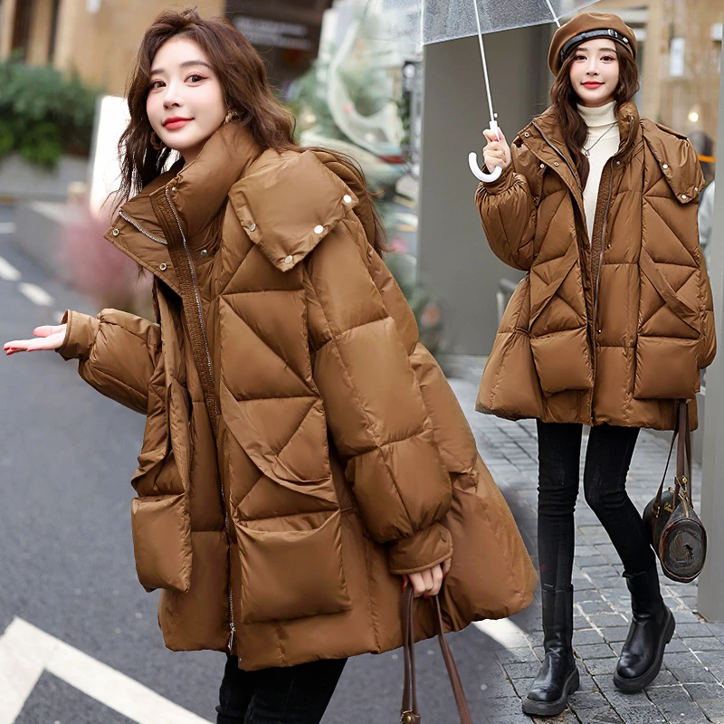 Women\'s Down Jacket Winter New Puffer Coats Korean Casual Trend Hooded Outerwears Poncho Thick Loose Warm Mid-length Down Coats