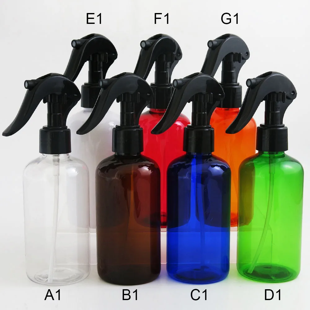 Botellas de plástico ámbar PET de 20X250ML con pulverizador de gatillo ergonómico, embalaje de champú recargable, soporte para impresión de logotipo