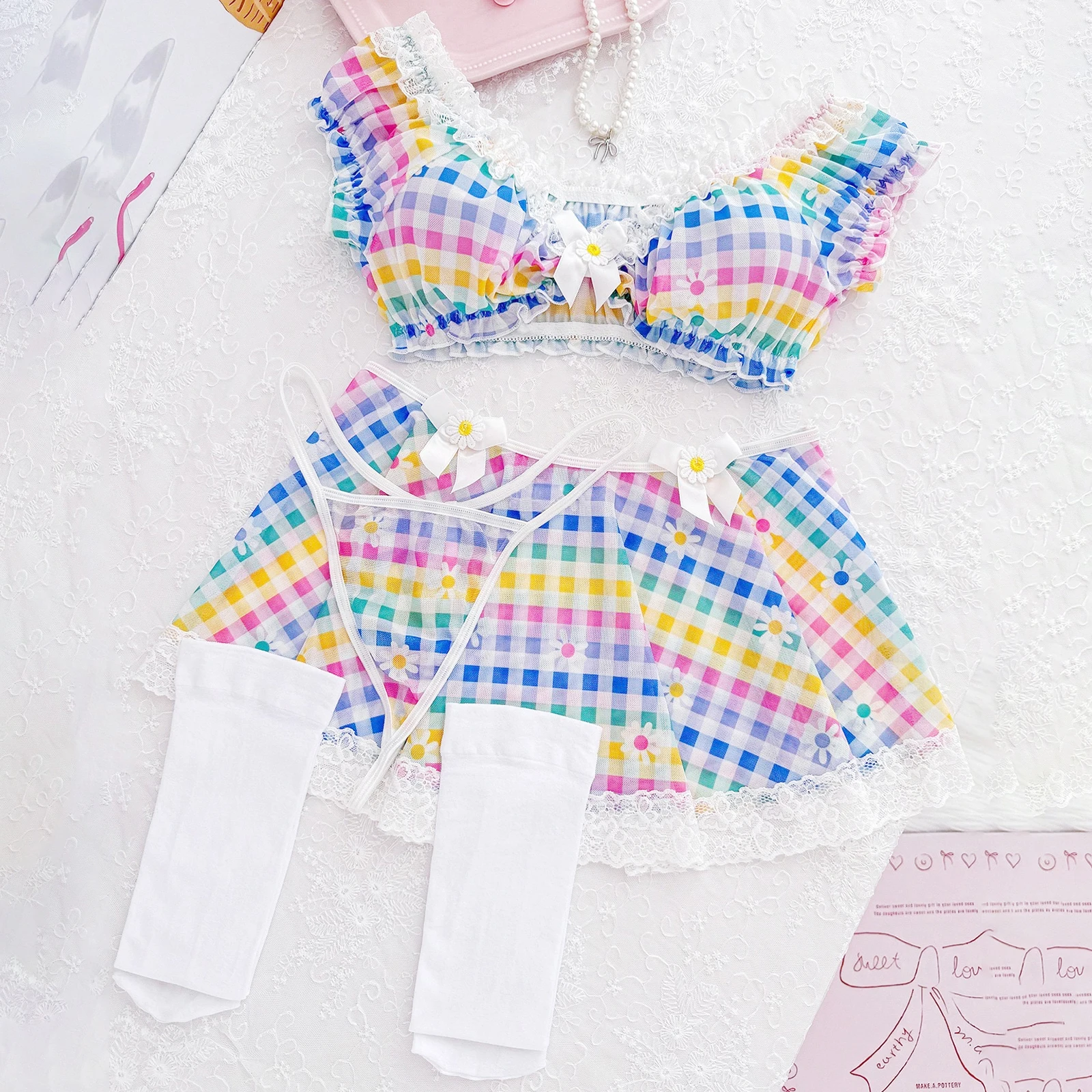 منقوشة قمم ثونغ تنورة صغيرة جوارب الزي المرأة المثيرة المشاغب الملابس الداخلية مجموعات قبالة الكتف