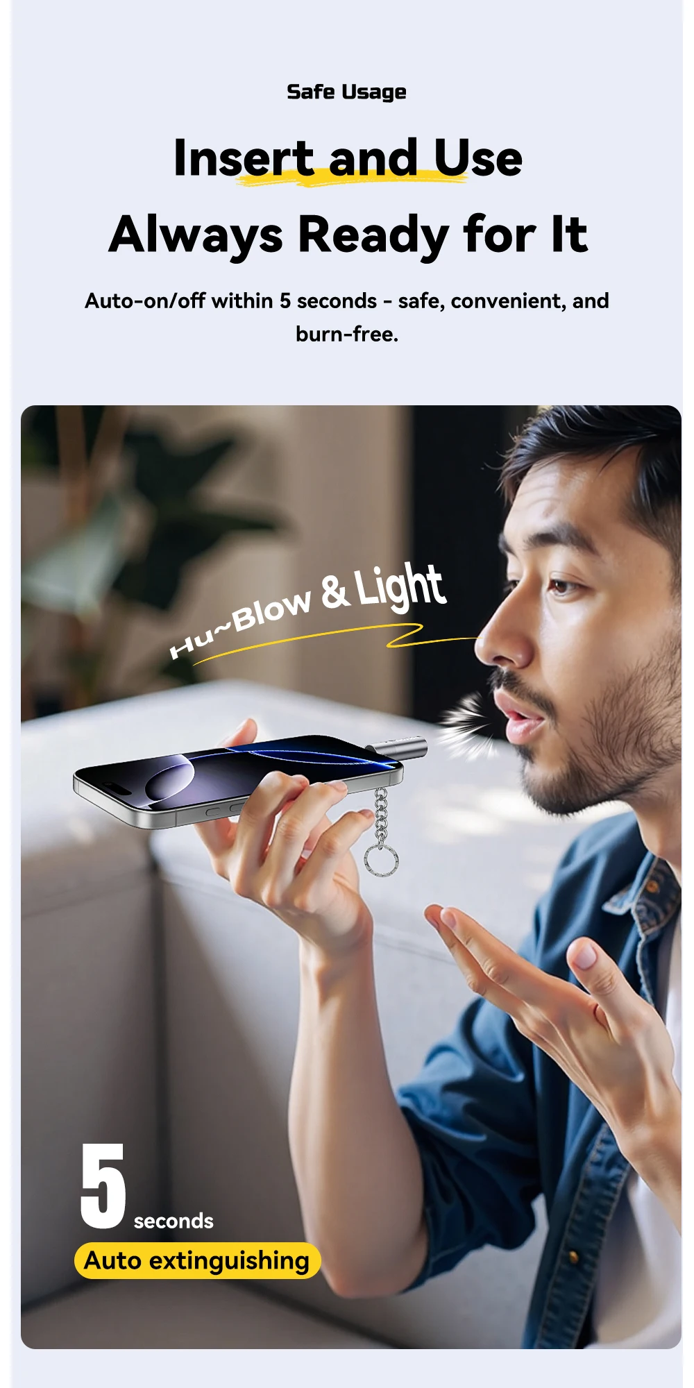 Essager Type C Mini Lighter Tungsten Wire Blow-to-Ignite Safety for Air Travel No Flame Auto Shut-Off OTG-Compatible with Phones