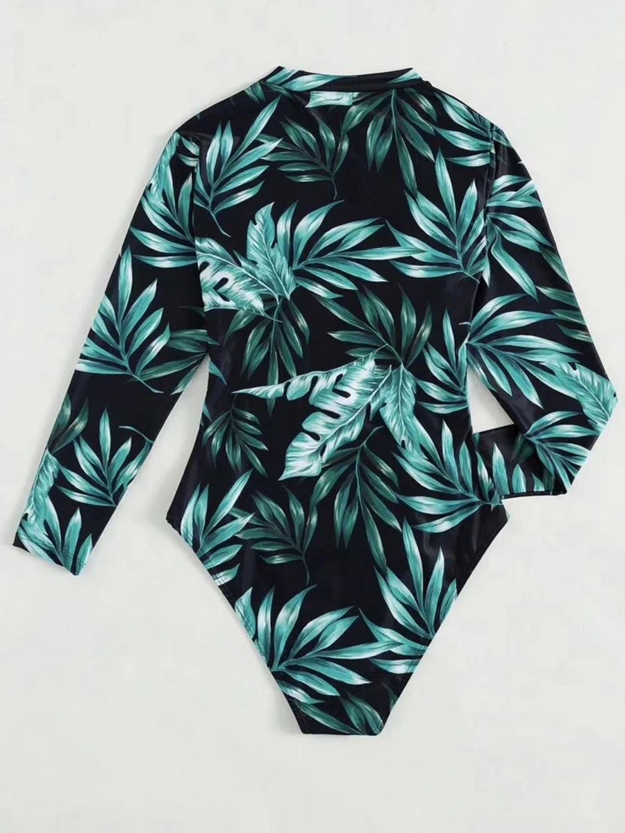 zipper Leaf Printed Swimsuit 2023 Women One Piece Long Sleeve Swimwear Female Bathers Bathing Swimming Suit Beachwear Bodysuit