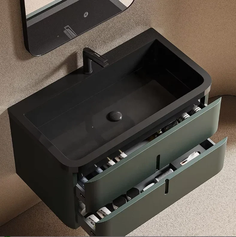 gv-Elegant Design Hotel Bathroom Vanity Set Medicine Cabinet Touch Illuminate Smart Mirror Lacquer Finish Plywood Ceramic Basin