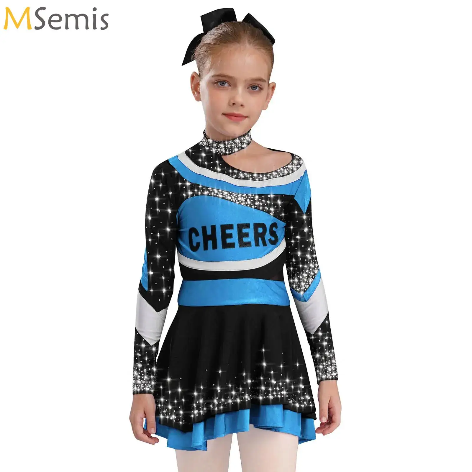 

Teens Girls Jazz Street Dance Set 2Pcs Cheerleading Stage Performance Costume Shiny Rhinestones Color Block Top with Skirt Suit
