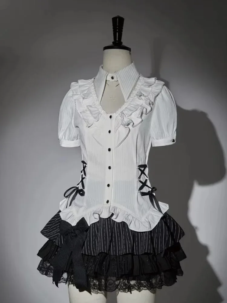 Japanische 2-teilige Sets für Damen, unregelmäßige Rüschen, schmale Passform, Bandage-Bluse + hohe Taille, Spitze, Patchwork-Röcke, Y2k-Ästhetische Outfits