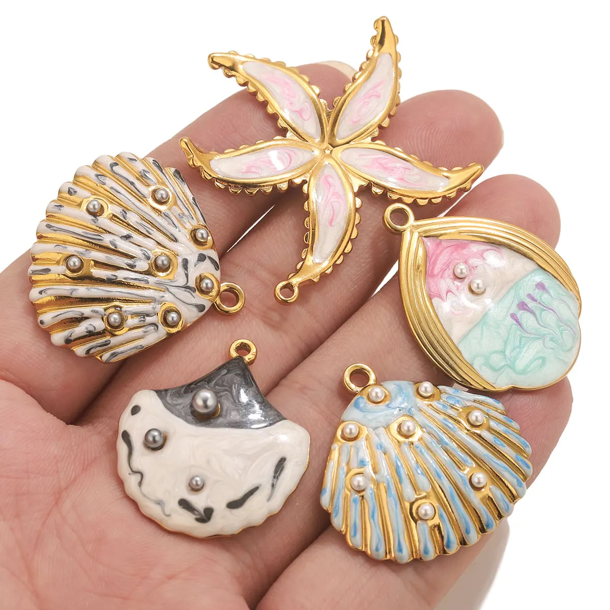 3PCS Stainless Steel Enamel Shell Starfish Water Drop Pendant DIY Shell Necklace Connector Pearl Beach Amulet Jewelry Discovery