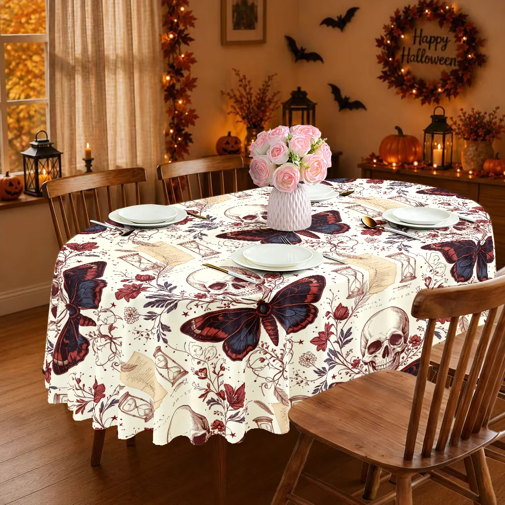 One Gothic skull and moth-pattern tablecloth, a retro and gloomy floral decoration for a Halloween restaurant.zyc