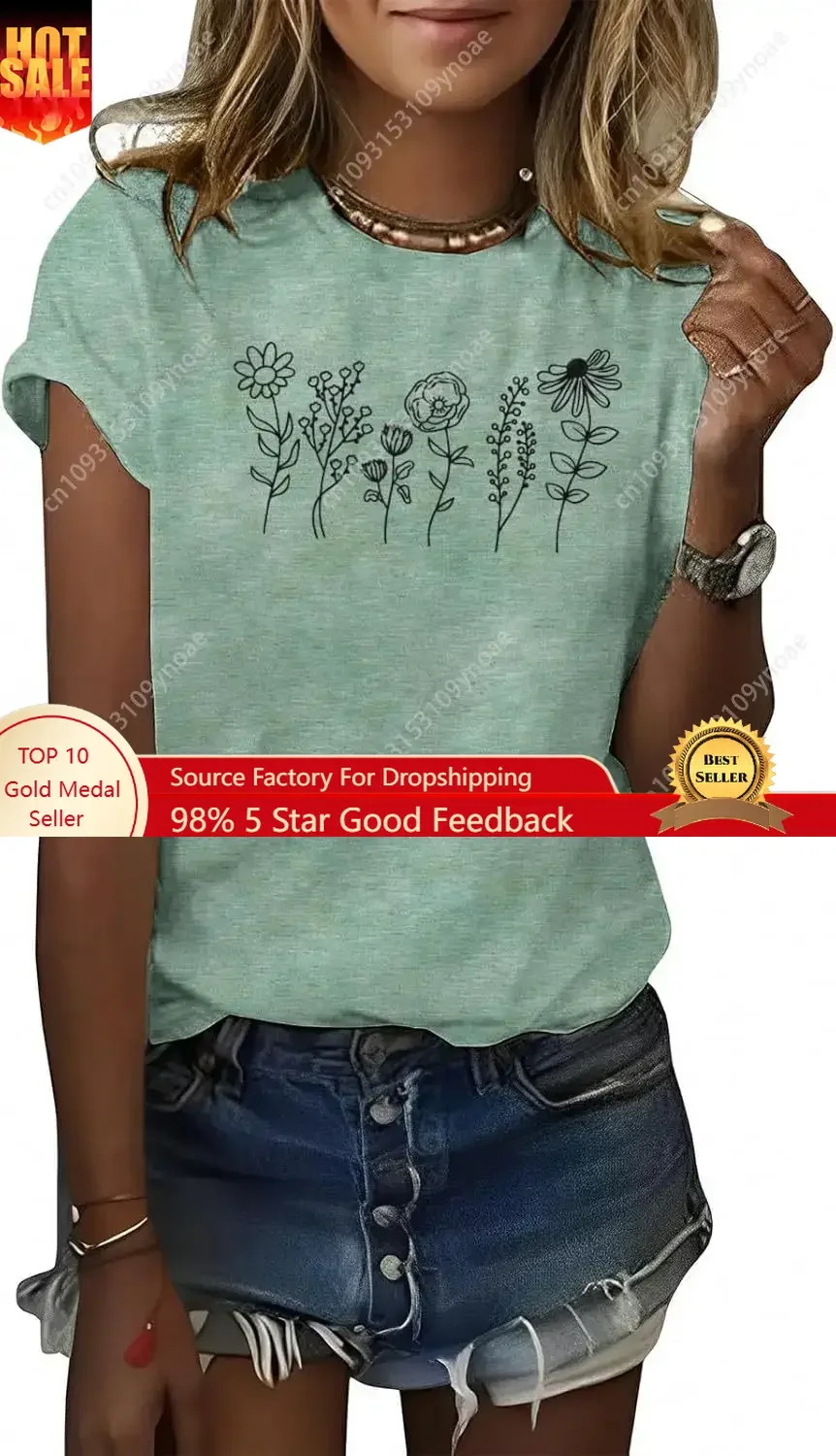 

Floral Wildflower Graphic Summer Flower Casual Loose Neck Tshirt Man Women Cotton Tee Soft Shirt Breathable Top Short Sleeves