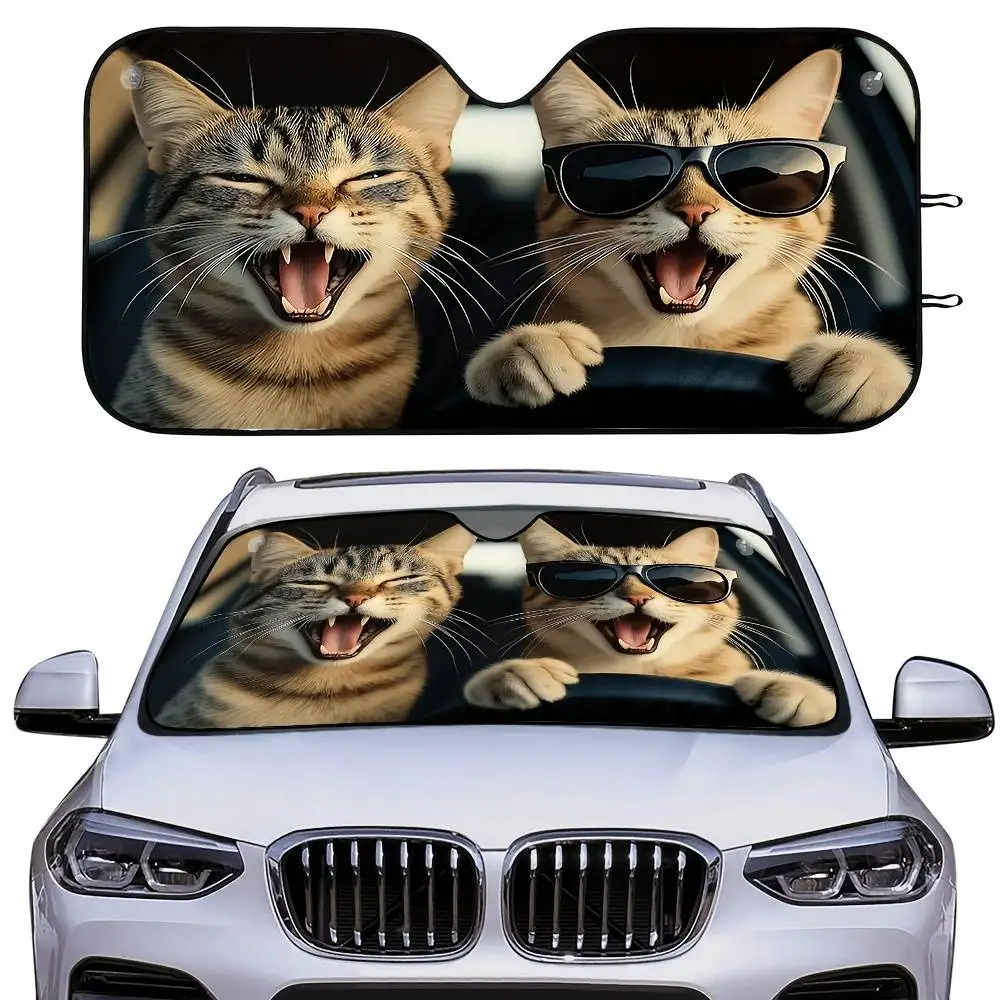 Laughing Cat Driving Print Car Windshield Sunshade Foldable Sun Visor Reduce Sunlight For Sedan SUV Summer Use