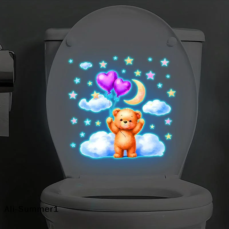 【E】Glow-in-the-Dark Toilet Sticker Cute Bear Design Luminous Wall Stickers Self-Adhesive Removable Bedroom Bathroom Wall Decor