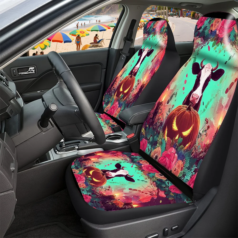 2-5 Seat Set Car Seat Covers Premium Breathable Fit All-Weather For Truck SUV Off-road Car Bull Head Pumpkin Lantern Artistic D