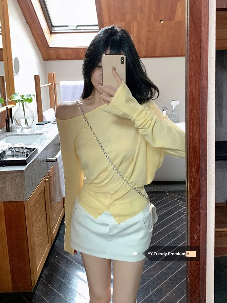 

White Yellow Long Sleeve Knitted Sweater Women's Slant Shoulder One Word Shoulder Inner Wear Casual Style Regular Fit Knitwear